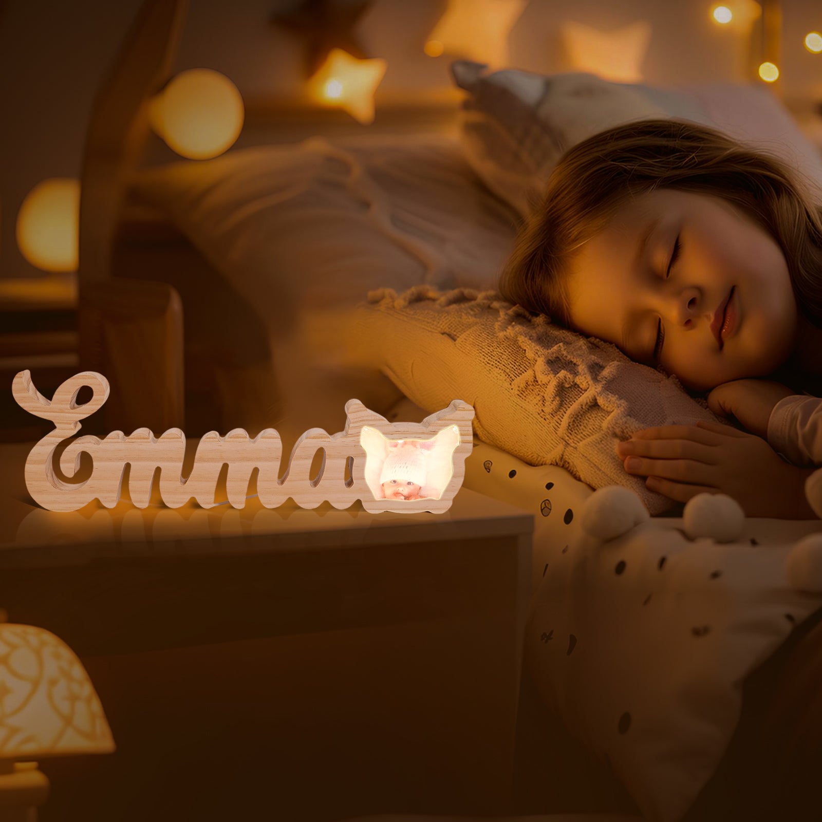 Personalized Name Wooden Sign Light with Photo Custom Baby's Name Gift