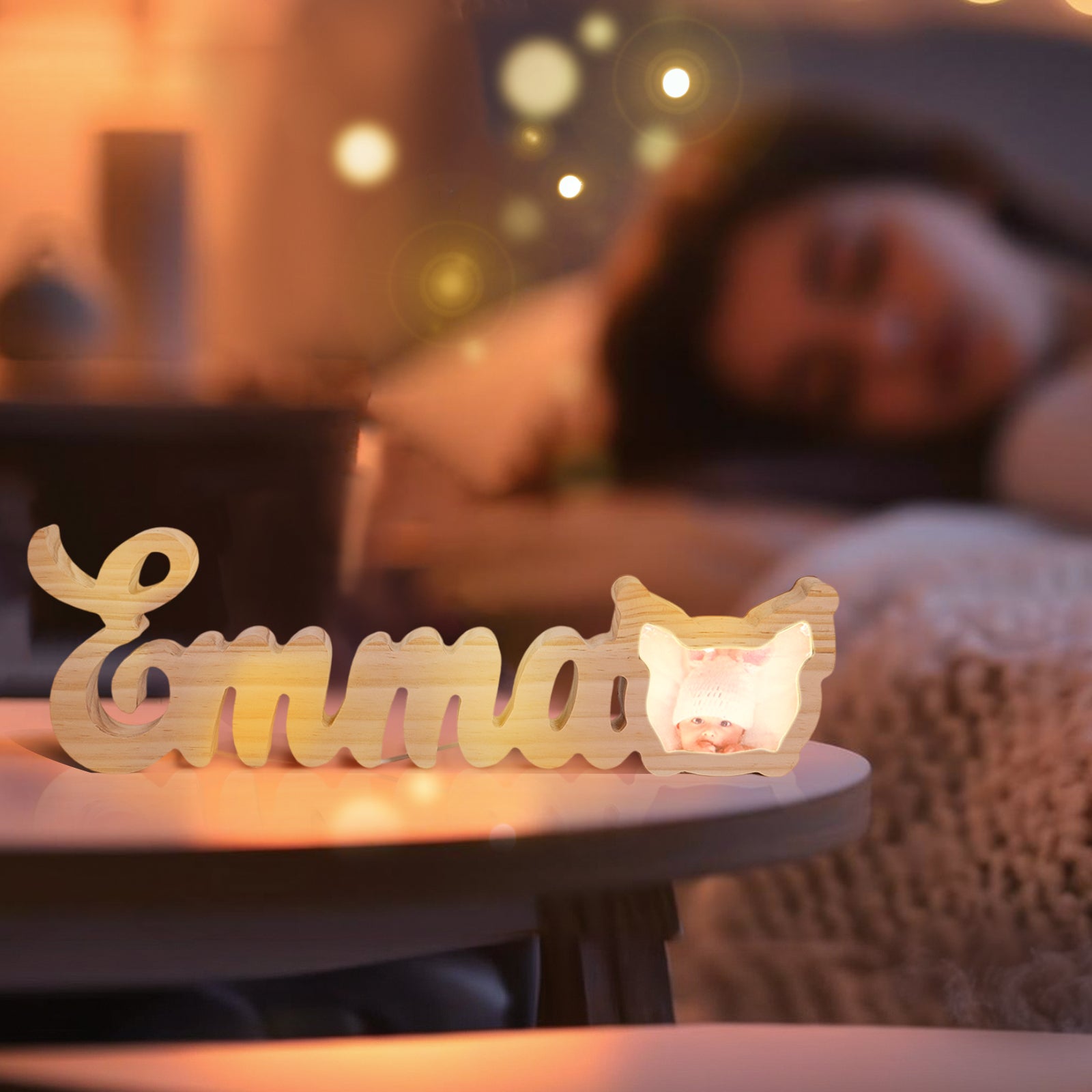 Targhetta luminosa personalizzata per il nome del bambino con luce notturna in legno con foto 
