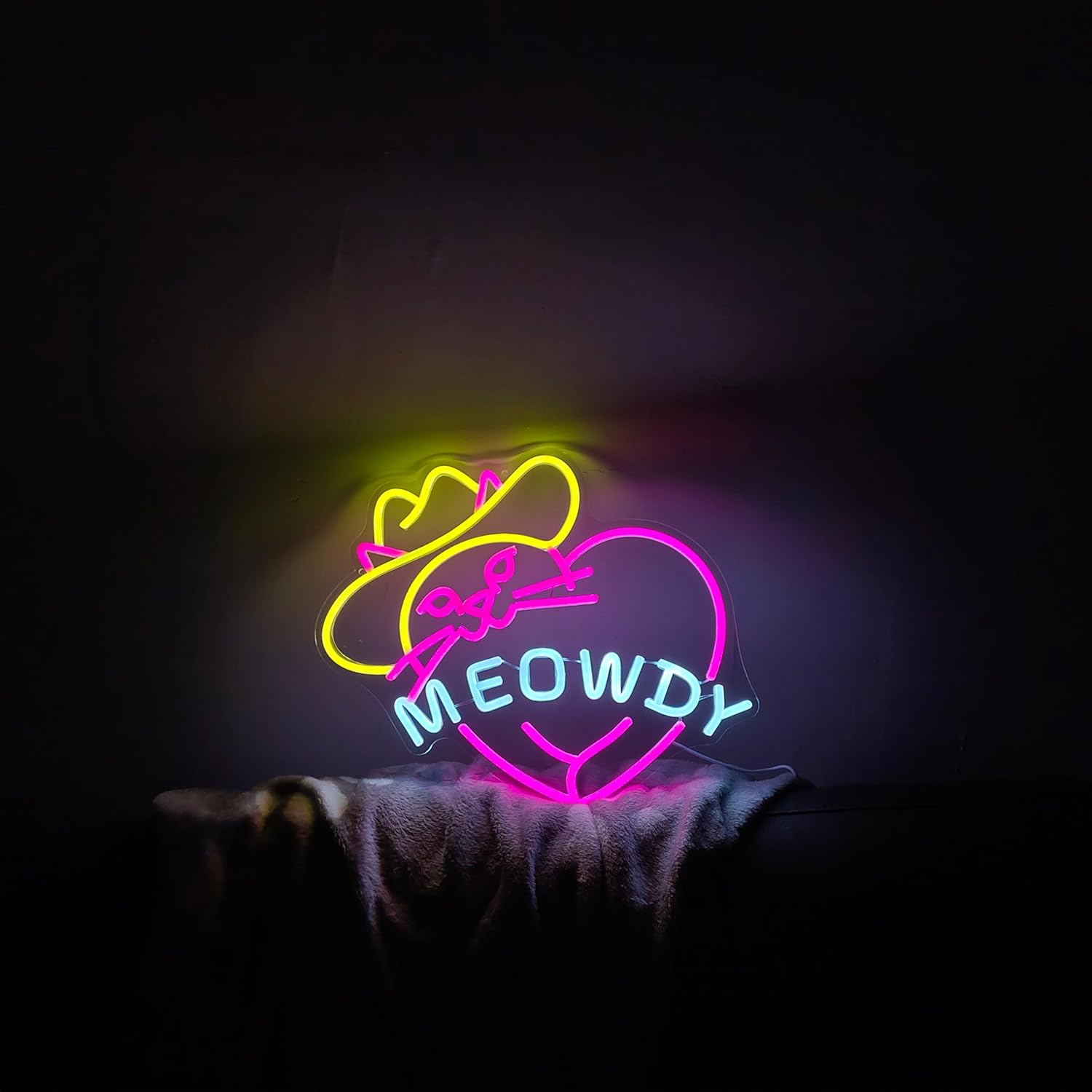 NEONIP-100% Gatto Cowgirl fatto a mano a forma di cuore Insegna al neon Meowdy per la decorazione domestica
