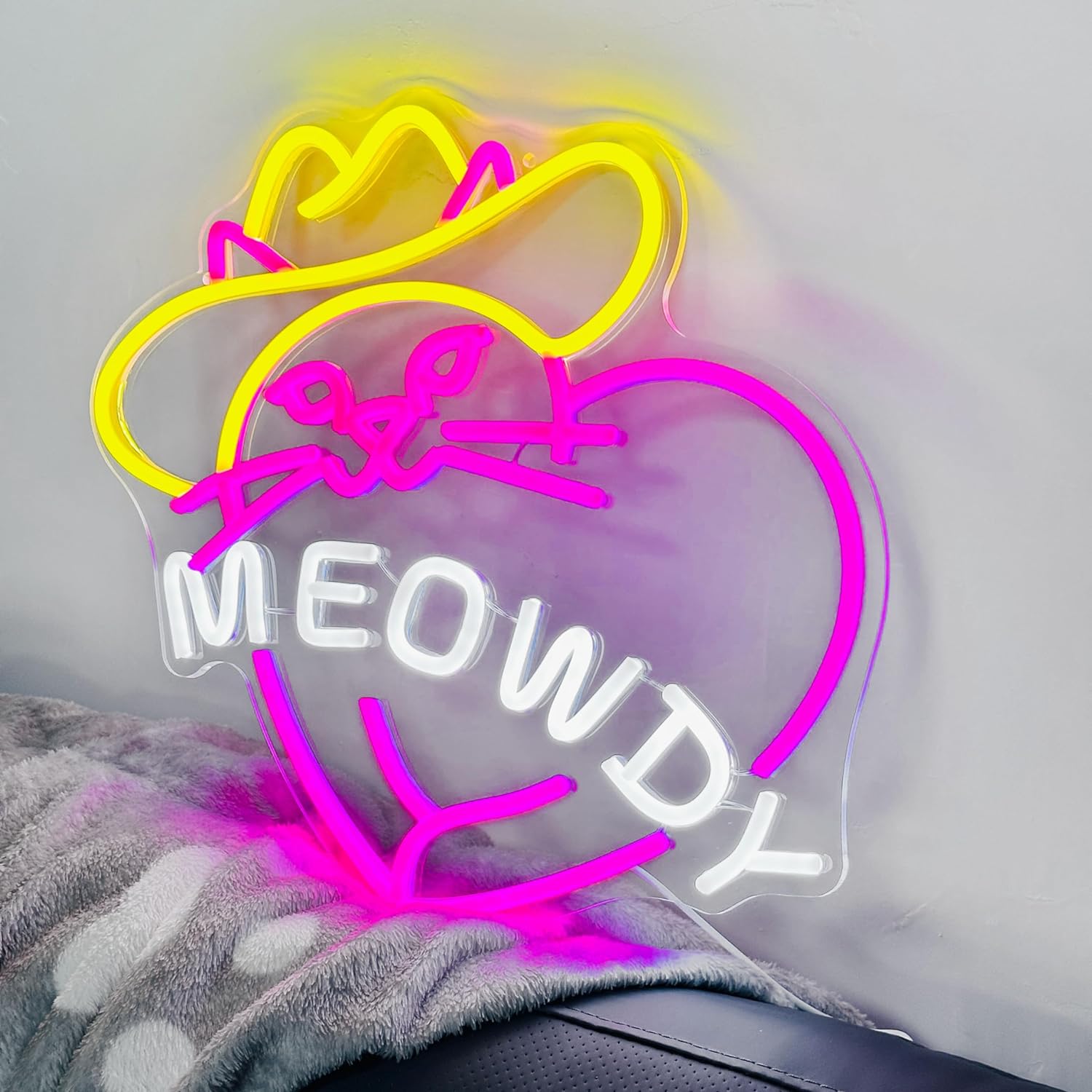 NEONIP-100% Gatto Cowgirl fatto a mano a forma di cuore Insegna al neon Meowdy per la decorazione domestica