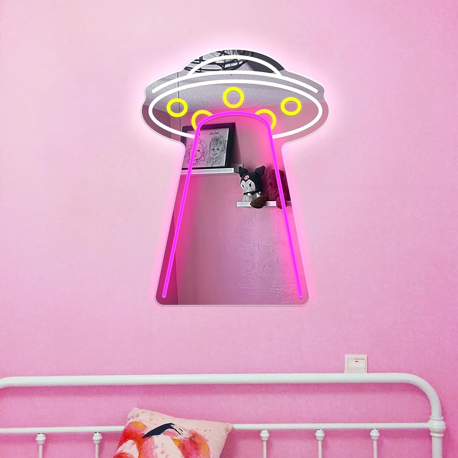 NEONIP-100% Insegna specchio al neon UFO fatta a mano per la parete della stanza