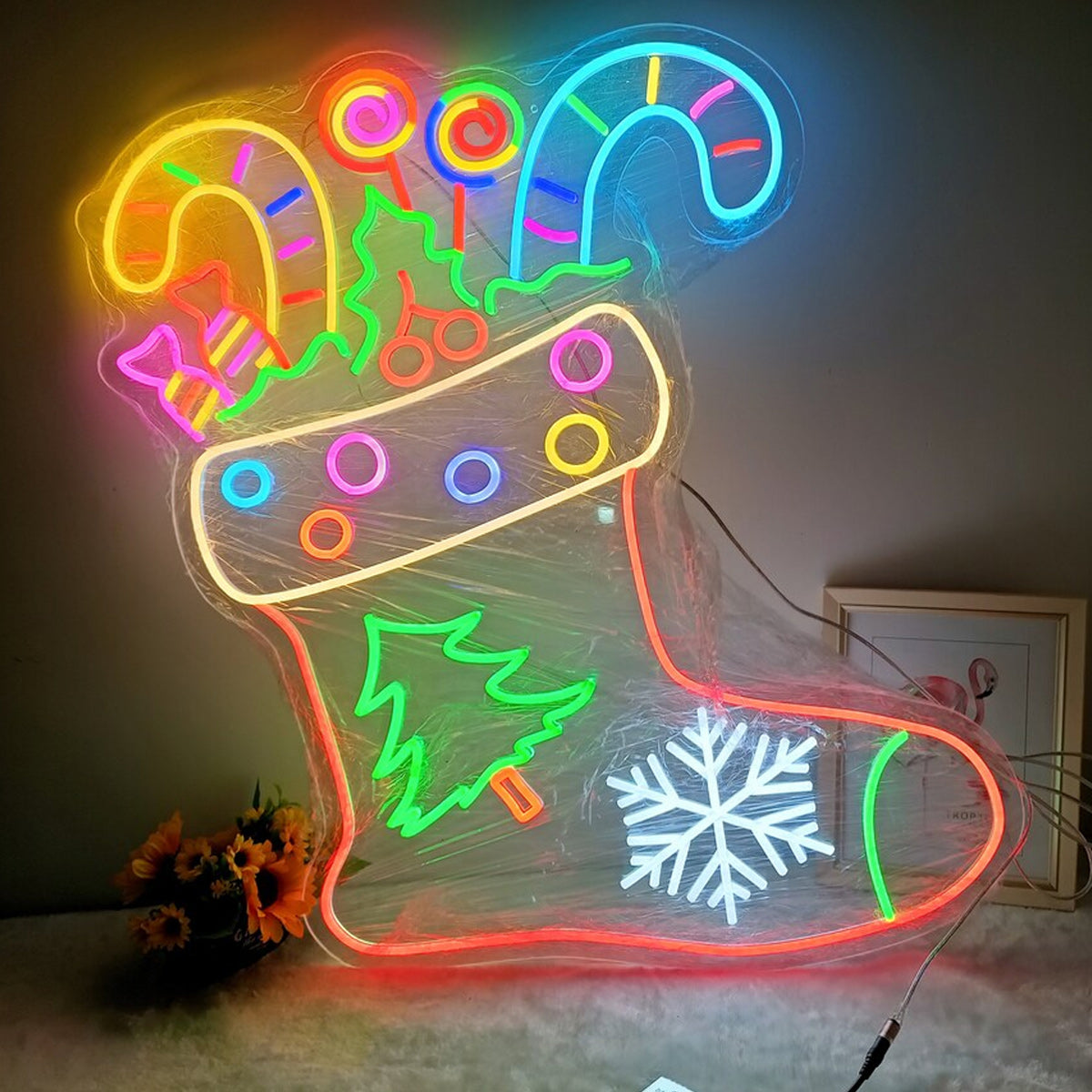 NEONIP-Insegna al neon con calzino natalizio fatto a mano al 100%.