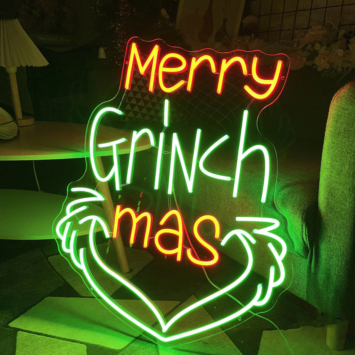 NEONIP-100% decorazione per feste con insegna al neon natalizia Grinchmas fatta a mano