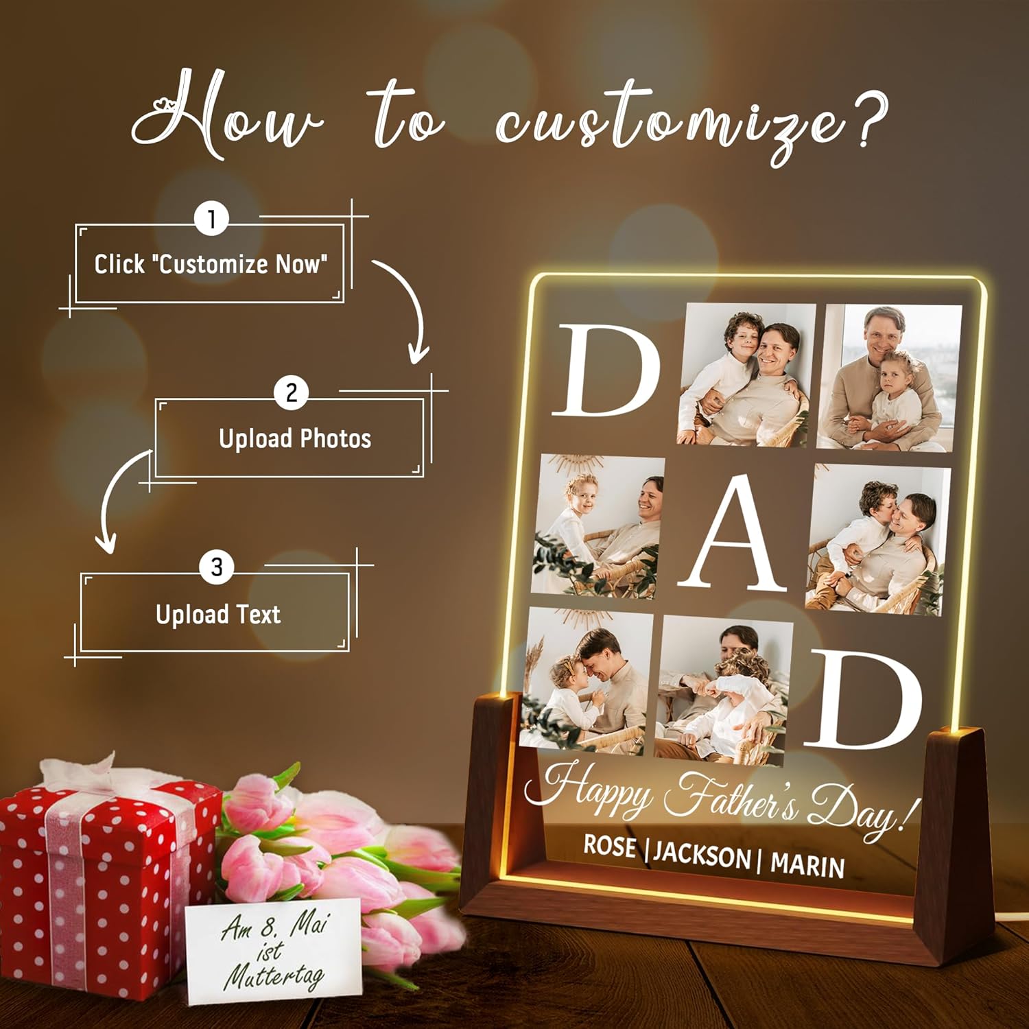 Personalized Acrylic Night Lights with Picture Text Gifts for Dad Custom Night Light