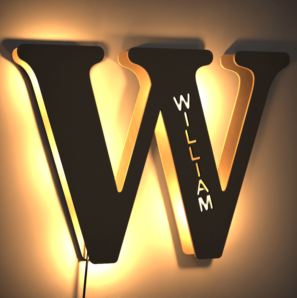 Luce notturna personalizzata con nome in legno, lettera illuminata, alfabeto, parete, nome in legno
