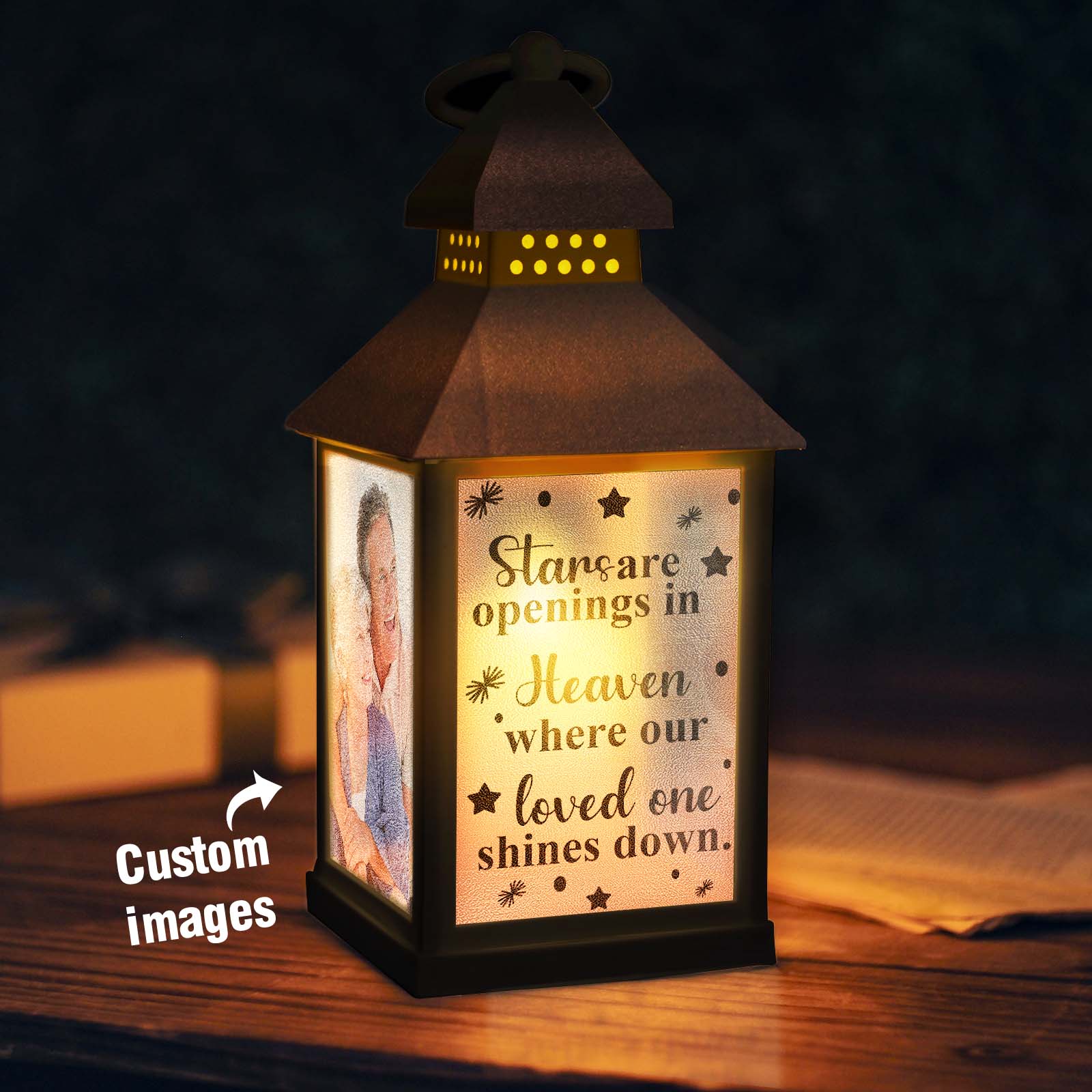 Personalized Memorial Farm House LED Light Lantern with Message and Photo Sympathy Bereavement Gifts for Family