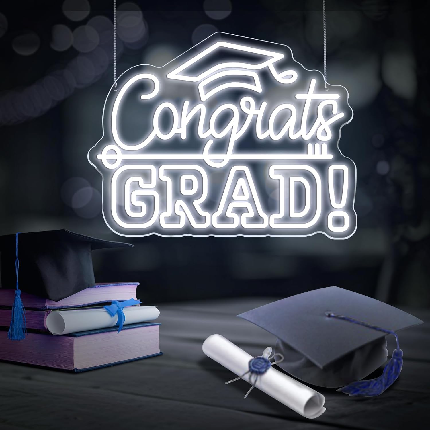 Congrats Grad Neon Sign with Graduation Cap Class of 2024 Light Up Sign for Wall Decor