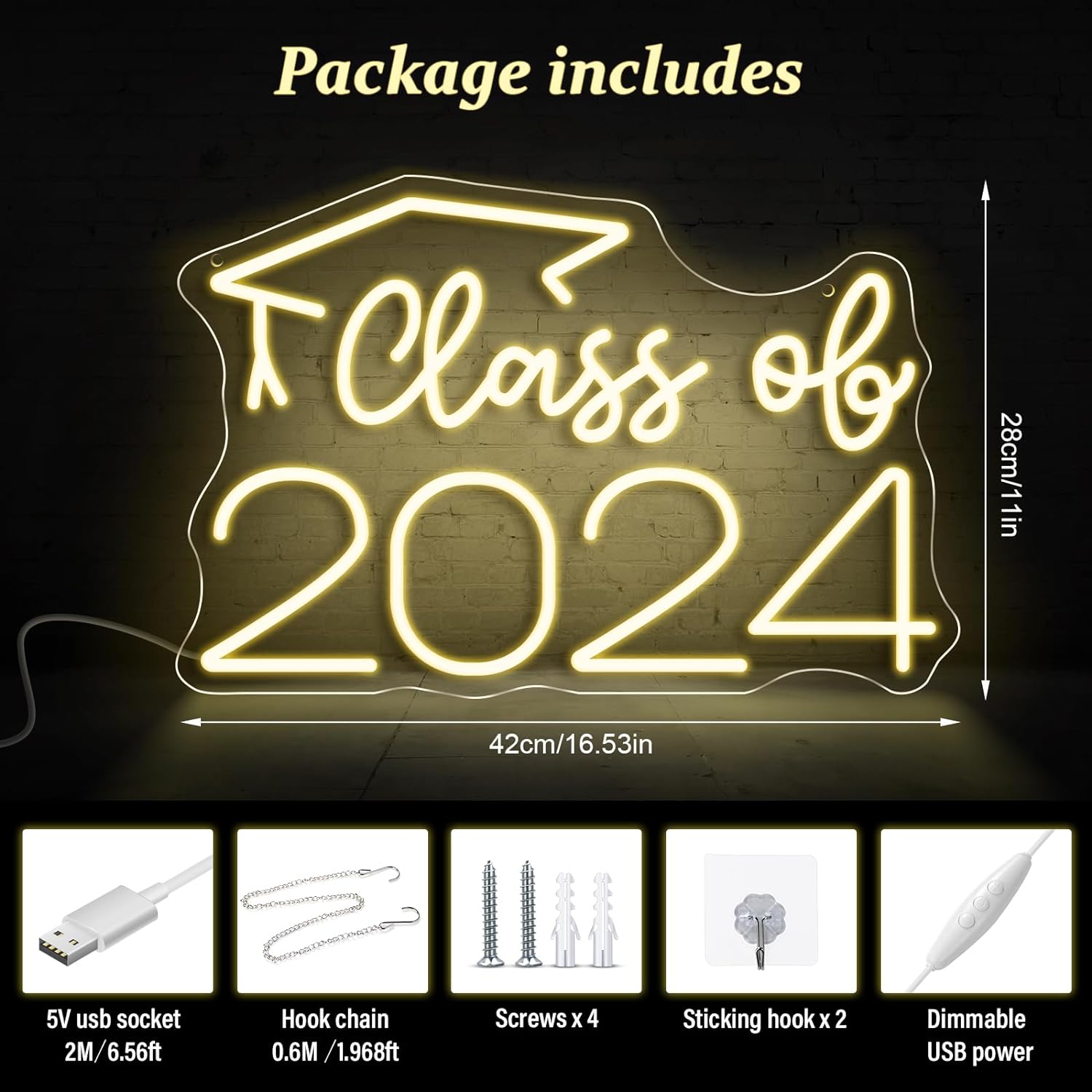 Insegna al neon Classe del 2024 con cappello di laurea Insegna luminosa Classe del 2024 per decorazione da parete