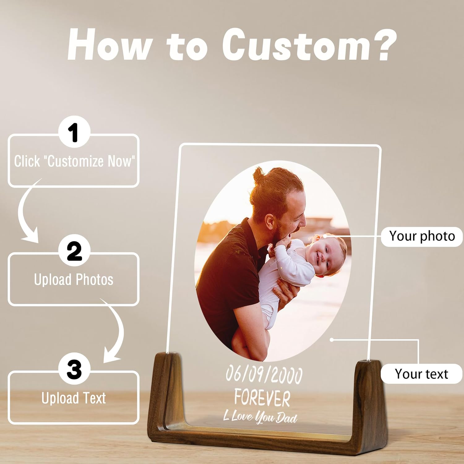 Custom Father's Day Gift I Love You Dad Photo Acrylic Plaque Personalized Night Light