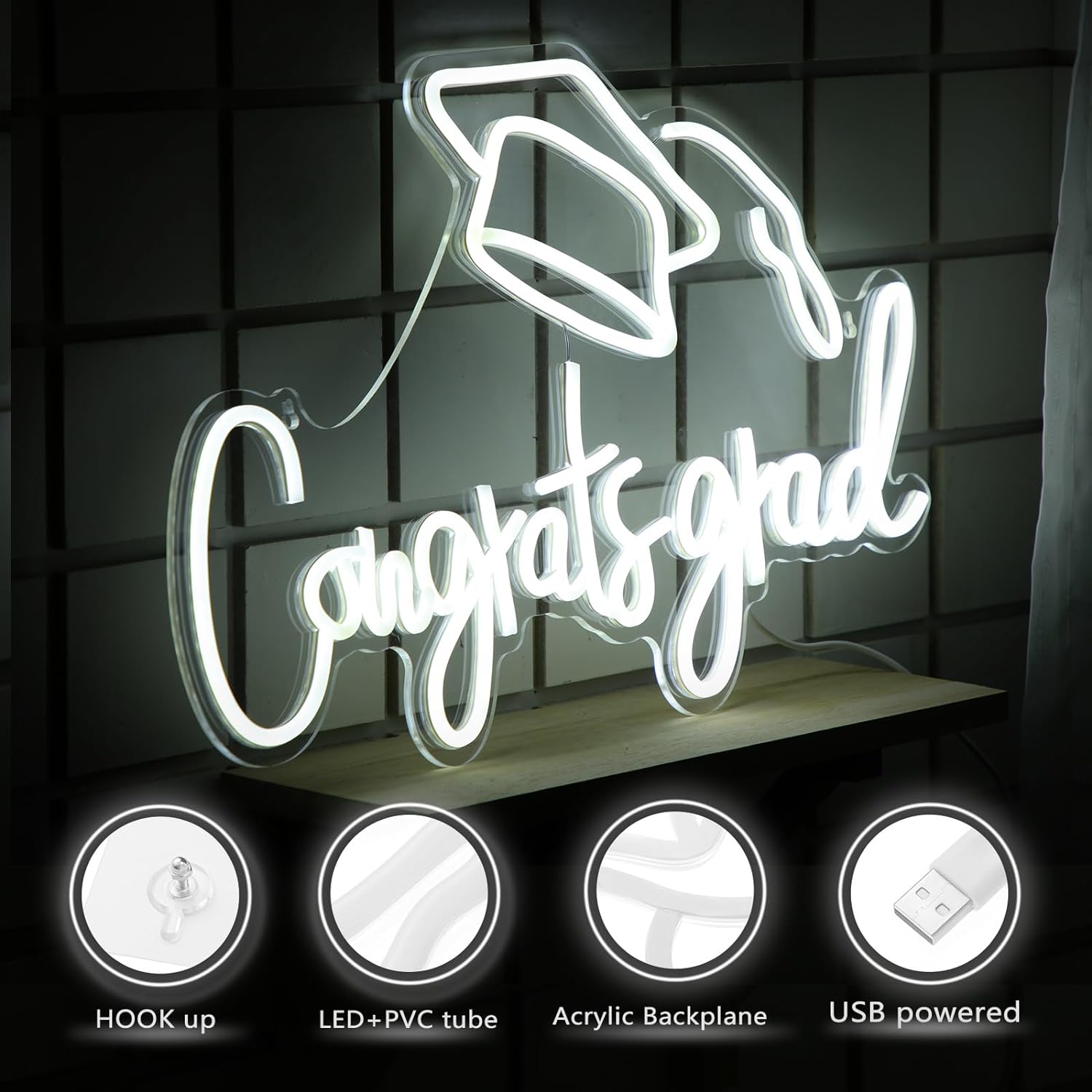 Congrats Grad Neon Sign LED Light Sign Background Wall Art Decoration for Graduation Party
