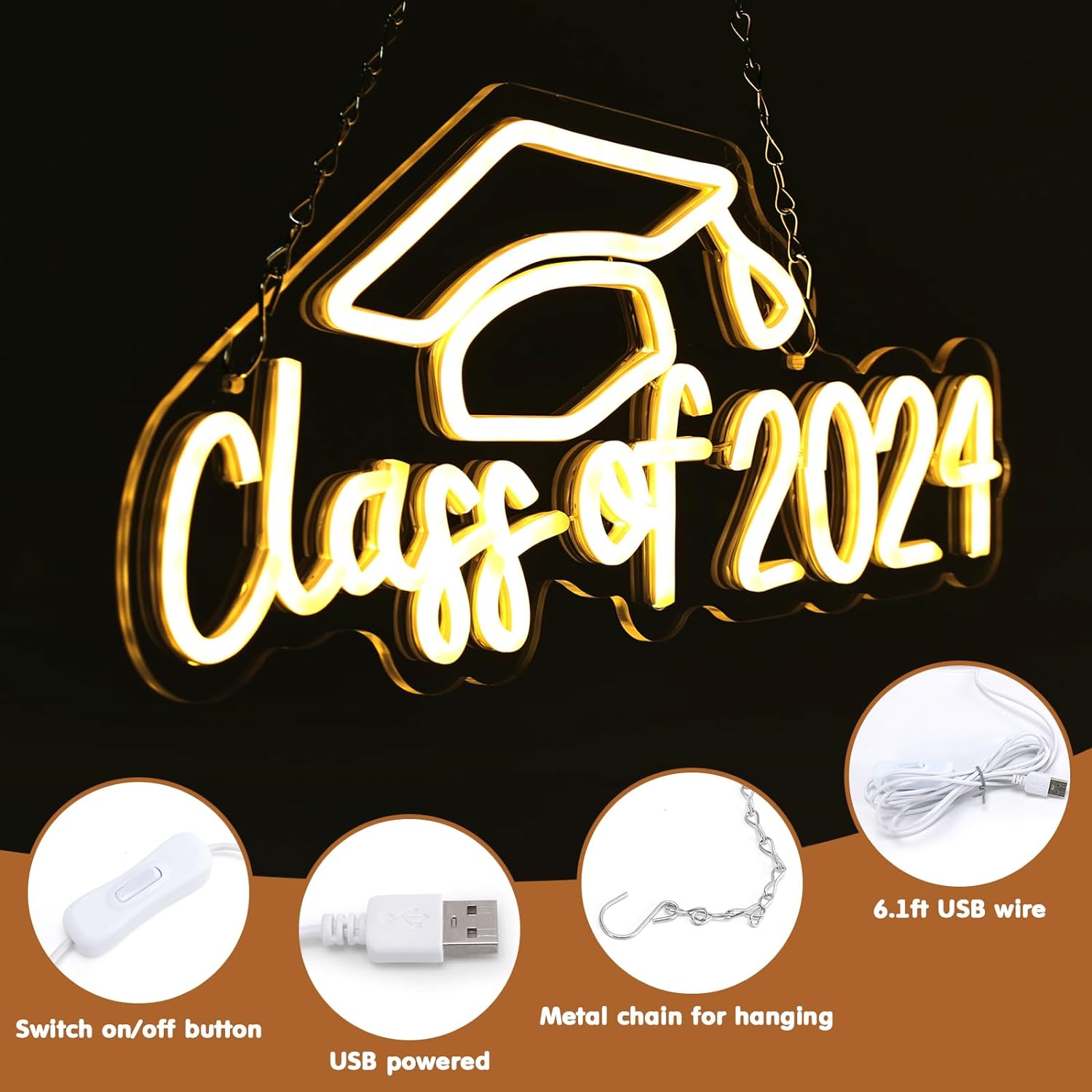 Class of 2024 Neon Sign Graduation Wall decor with Graduation Cap LED Lights