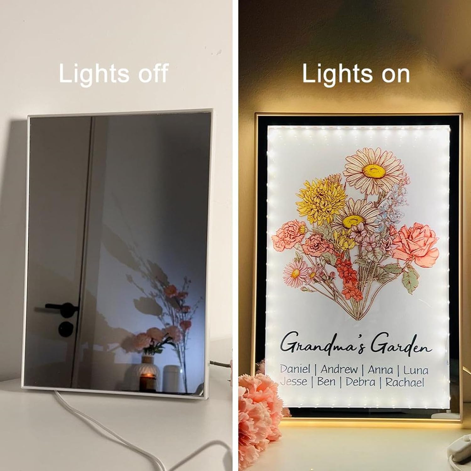 Luce personalizzata per specchio per mamma Luce notturna da giardino personalizzata per mamma Specchio con nome illuminato a LED con nome per bambini 