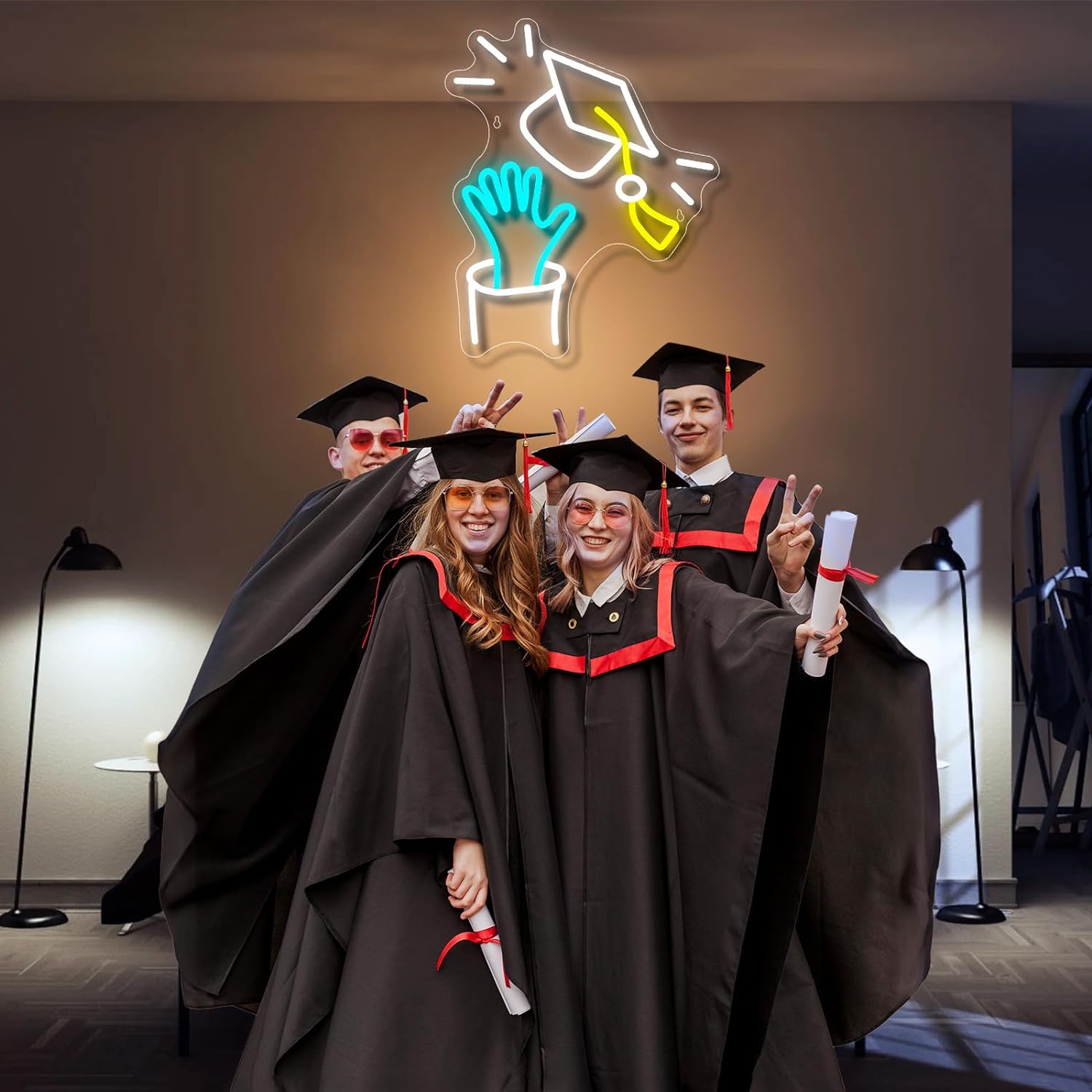 Insegna al neon di congratulazioni per laureati con cappuccio di laurea, insegna luminosa per la decorazione della parete 