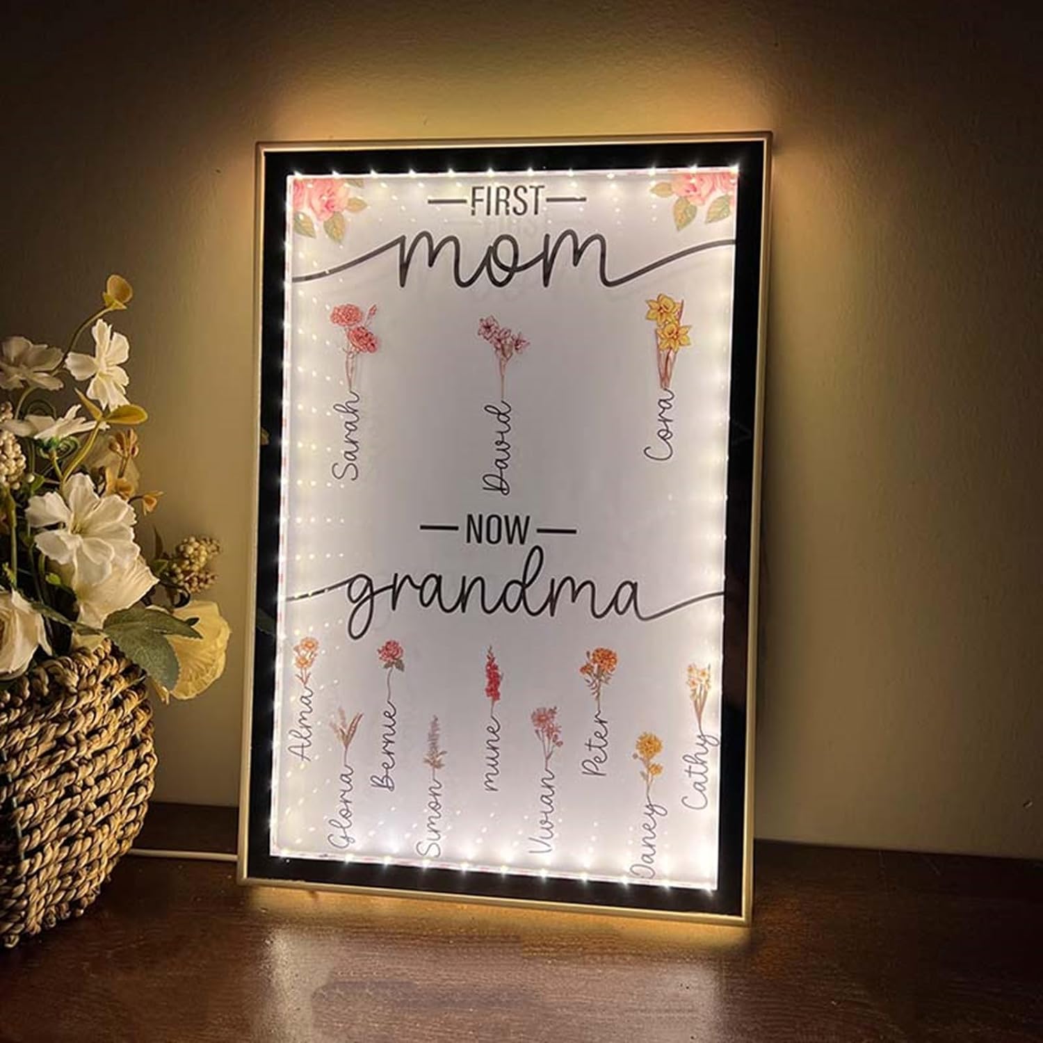 Lampada da specchio personalizzata con nome a LED per specchio per la festa della mamma, luce notturna personalizzata per la prima mamma e ora per la nonna 