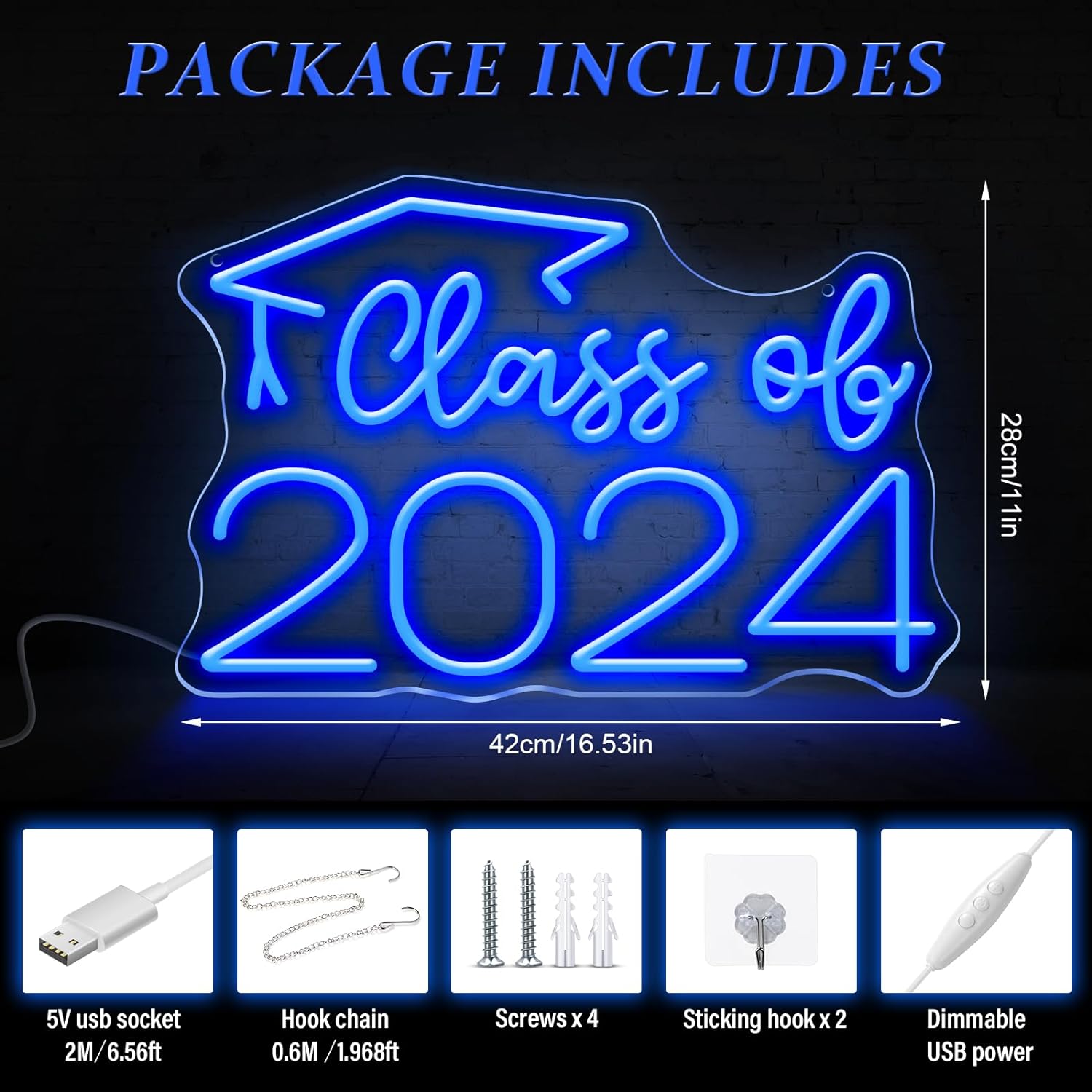 Class of 2024 Neon Sign with Graduation Cap Class of 2024 Light Up Sign for Wall Decor