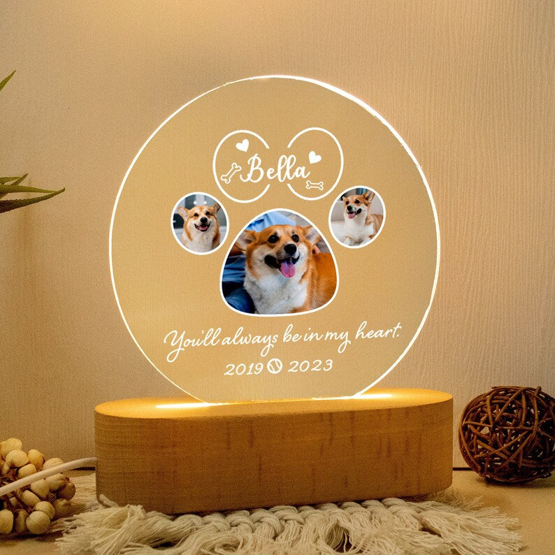 Targa commemorativa per animali domestici con luce notturna personalizzata, cornice commemorativa per animali domestici, regalo per la perdita di cani e gatti