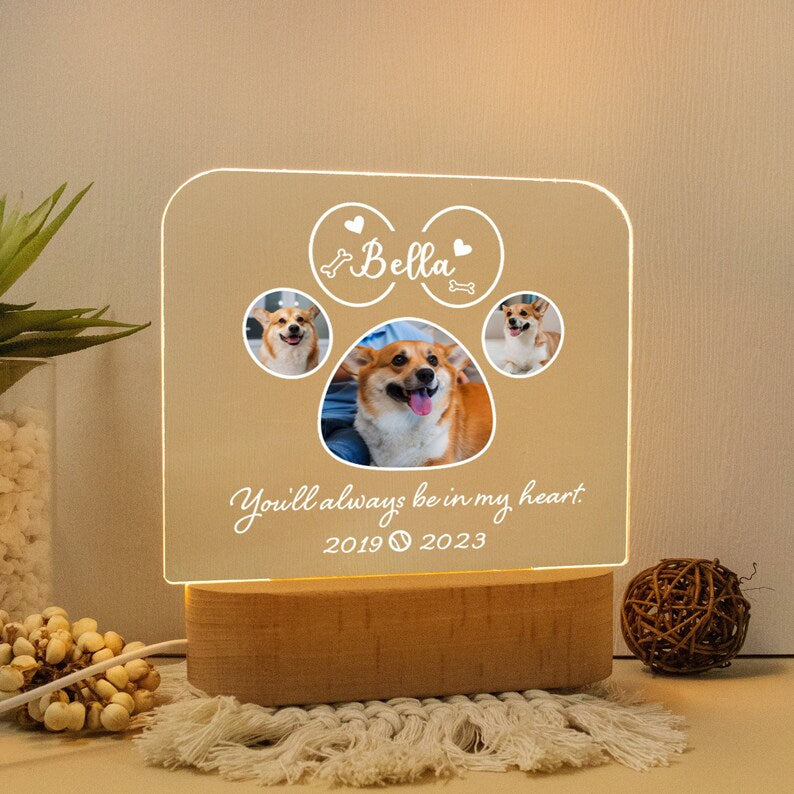 Targa commemorativa per animali domestici con luce notturna personalizzata, cornice commemorativa per animali domestici, regalo per la perdita di cani e gatti