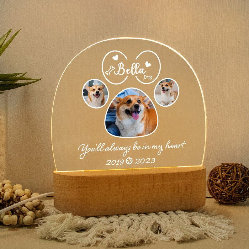 Targa commemorativa per animali domestici con luce notturna personalizzata, cornice commemorativa per animali domestici, regalo per la perdita di cani e gatti