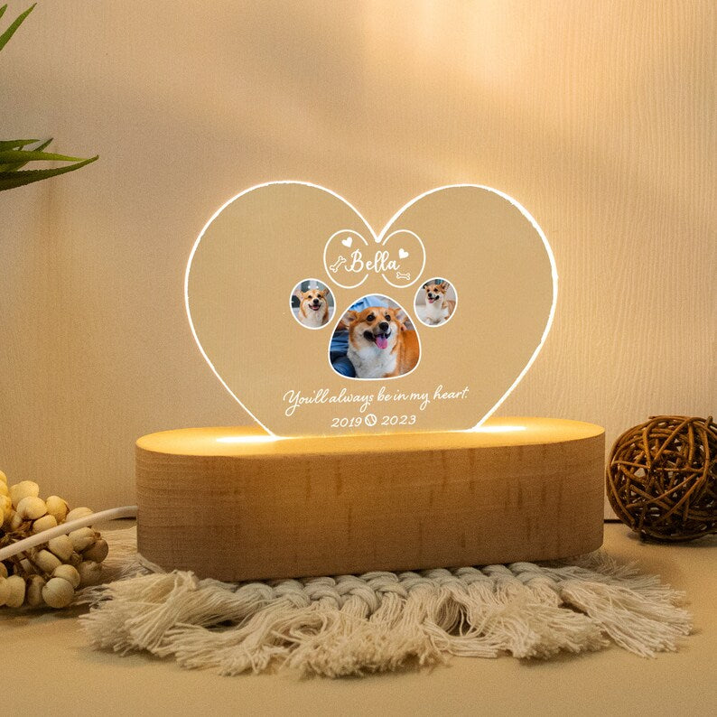 Targa commemorativa per animali domestici con luce notturna personalizzata, cornice commemorativa per animali domestici, regalo per la perdita di cani e gatti