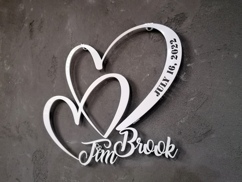 Personalized Wedding Gift for Couple Metal Heart Sign with Name and Date Anniversary Gift
