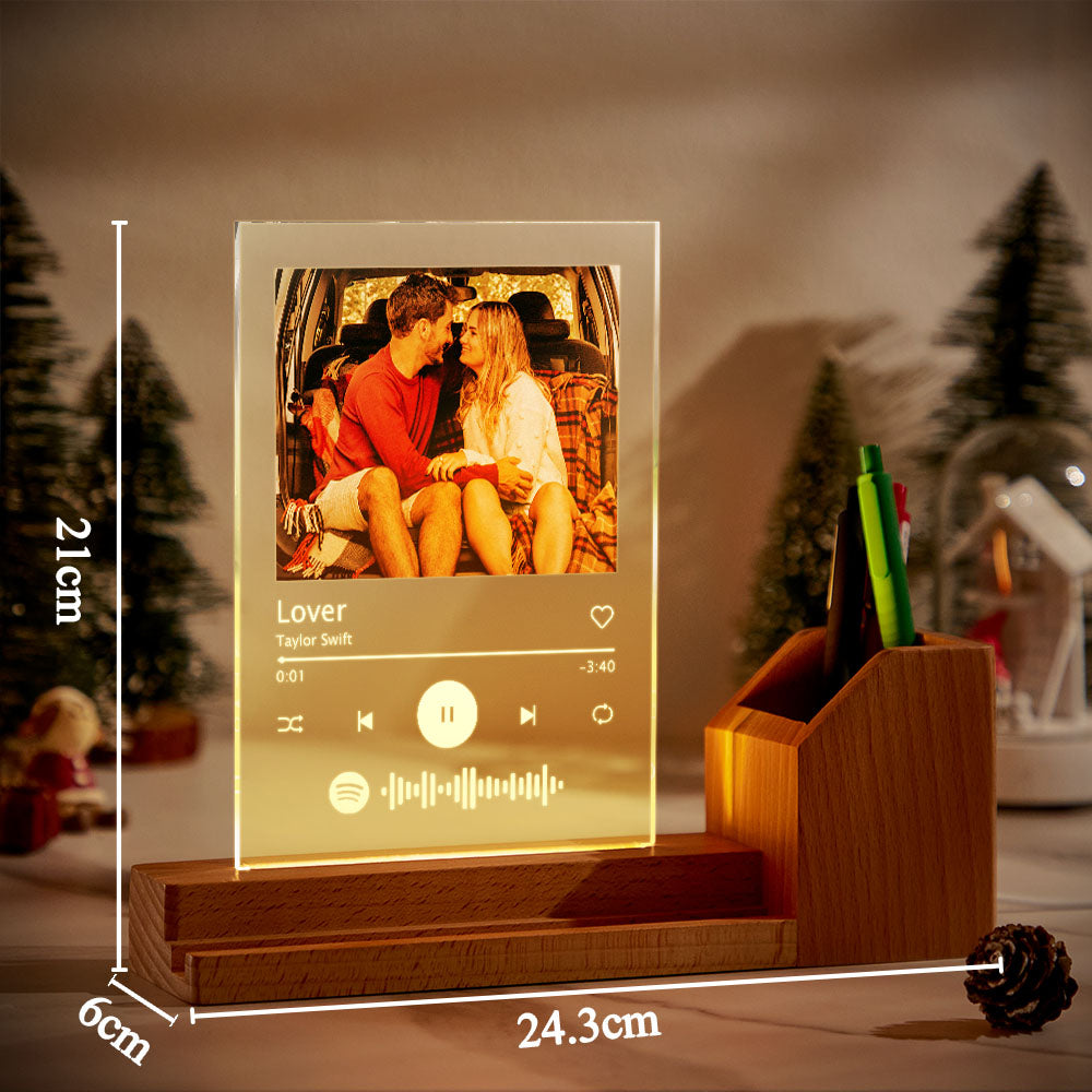 Lampada portapenne in legno chiaro con foto personalizzata con codice Spotify personalizzato per fidanzata, fidanzato