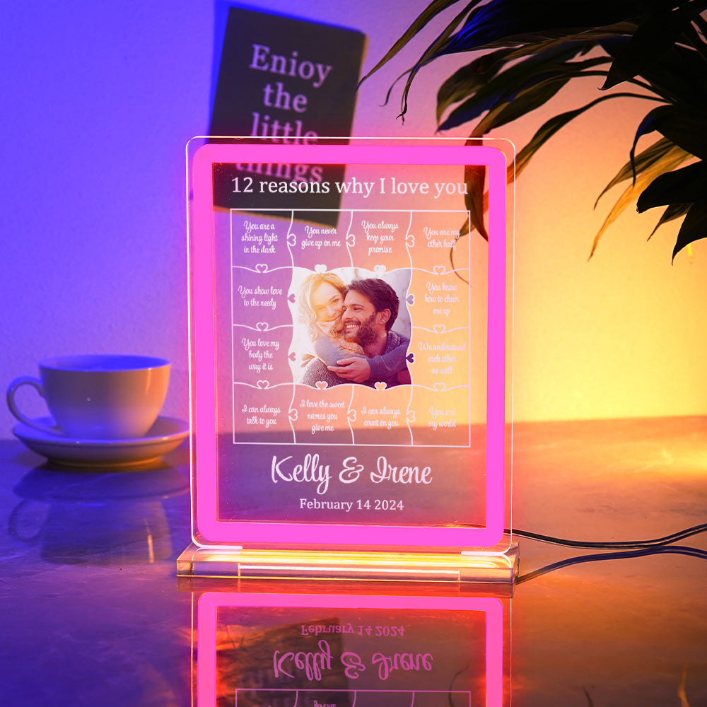 Personalized Photo Acrylic Neon Night Light Romantic Lighting Gifts For Her - 12 Reasons Why I Love You