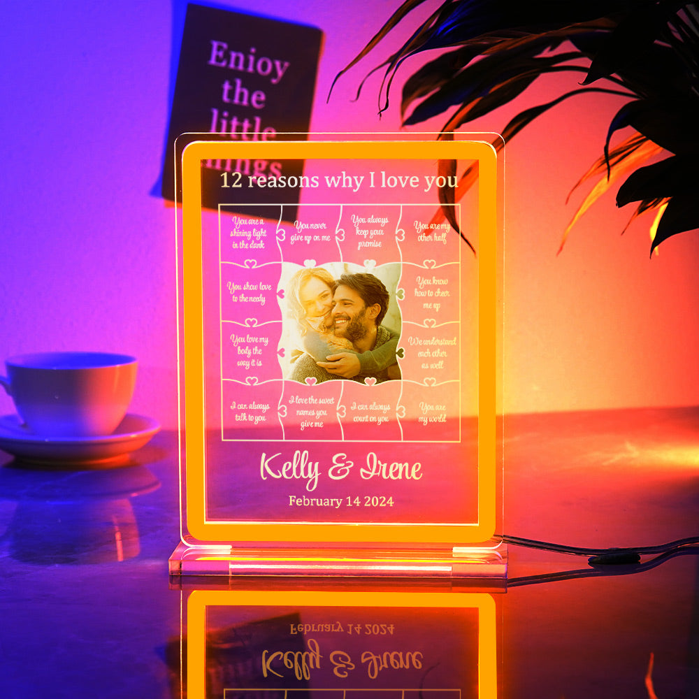 Personalized Photo Acrylic Neon Night Light Romantic Lighting Gifts For Her - 12 Reasons Why I Love You