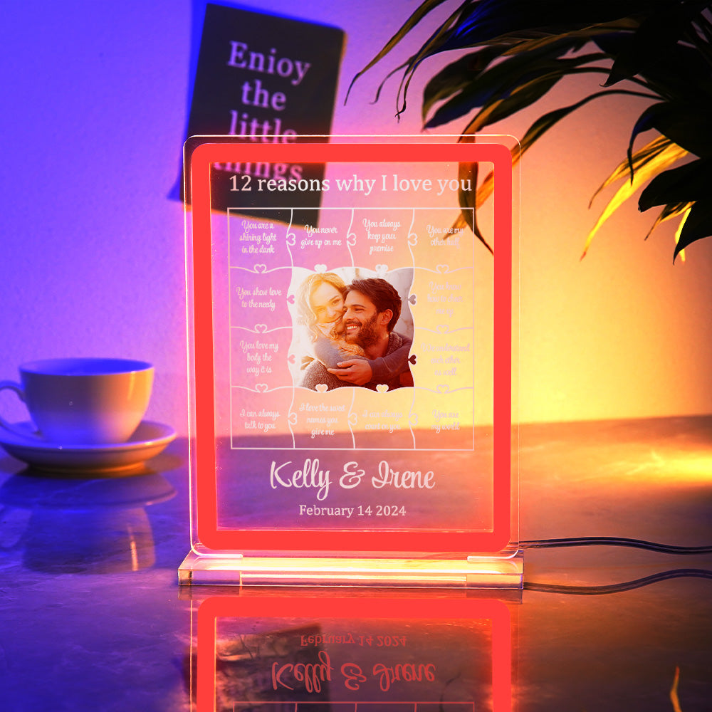 Personalized Photo Acrylic Neon Night Light Romantic Lighting Gifts For Her - 12 Reasons Why I Love You