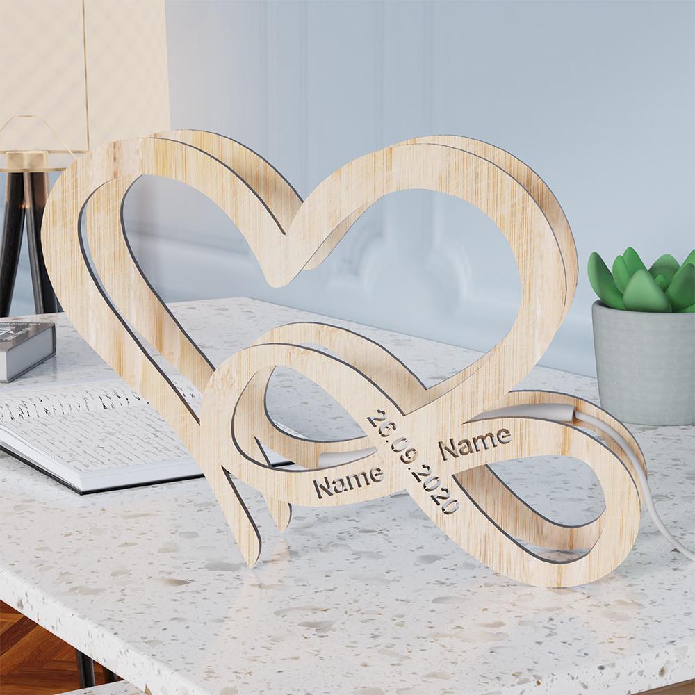 Regali creativi in ​​legno a forma di cuore con luce notturna personalizzata con nome Infinity