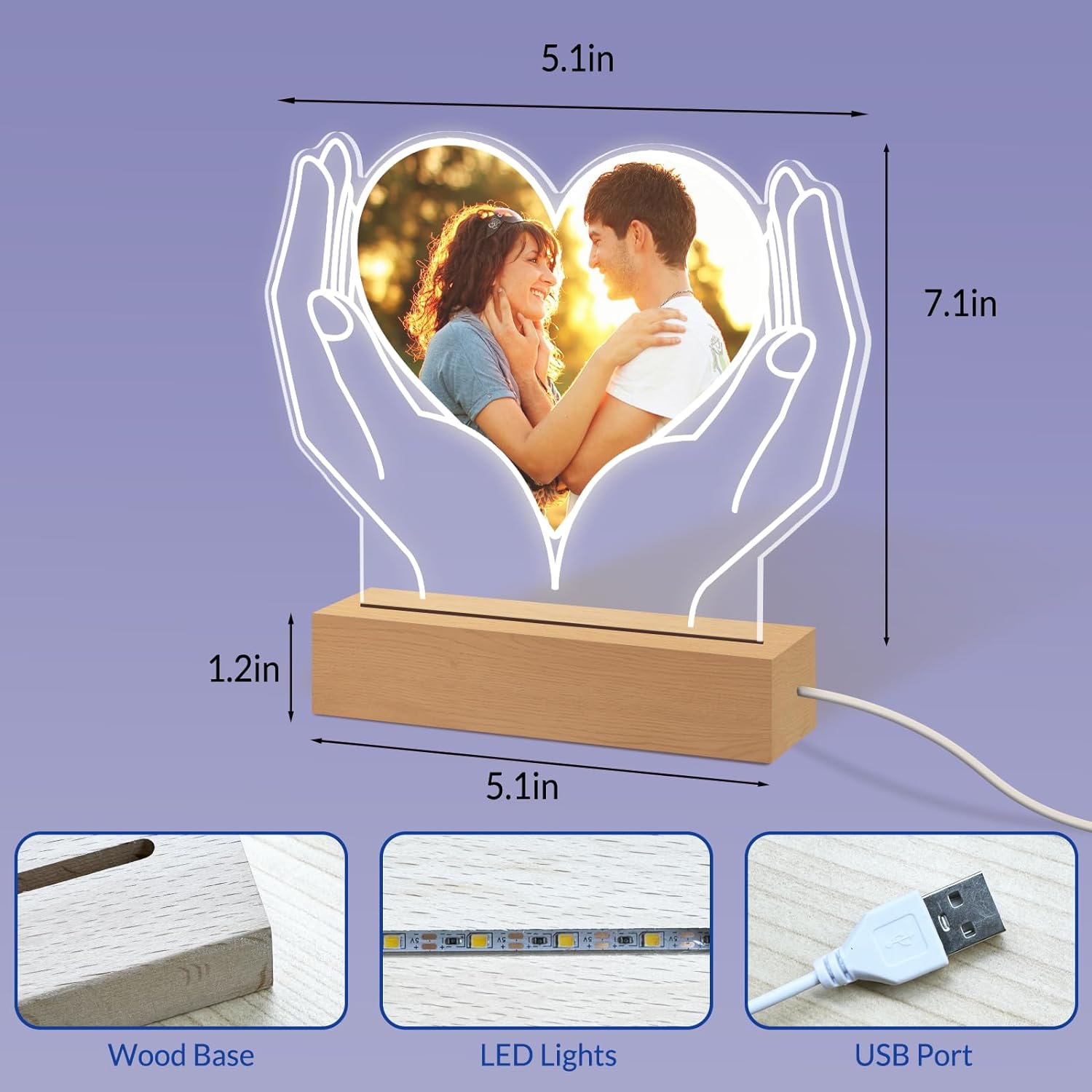 Luce notturna personalizzata con foto a forma di cuore Lampada a LED con nome personalizzato con foto per la fidanzata, il fidanzato 