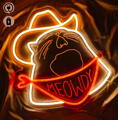 NEONIP-100% Insegna al neon Cowboy Kitty fatta a mano, Insegna al neon Meowdy, Insegna LED Cat