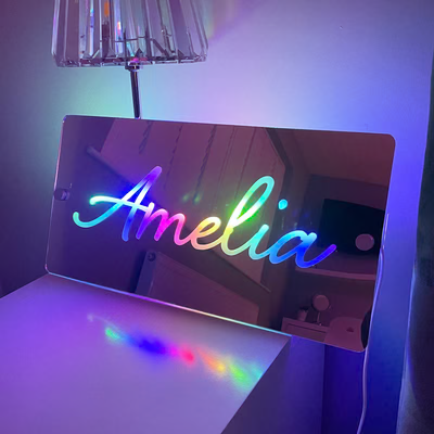 NEONIP-100% Handmade Personalised Name Mirror Sign, LED Custom Neon Illuminated Light Up Bedroom Sign