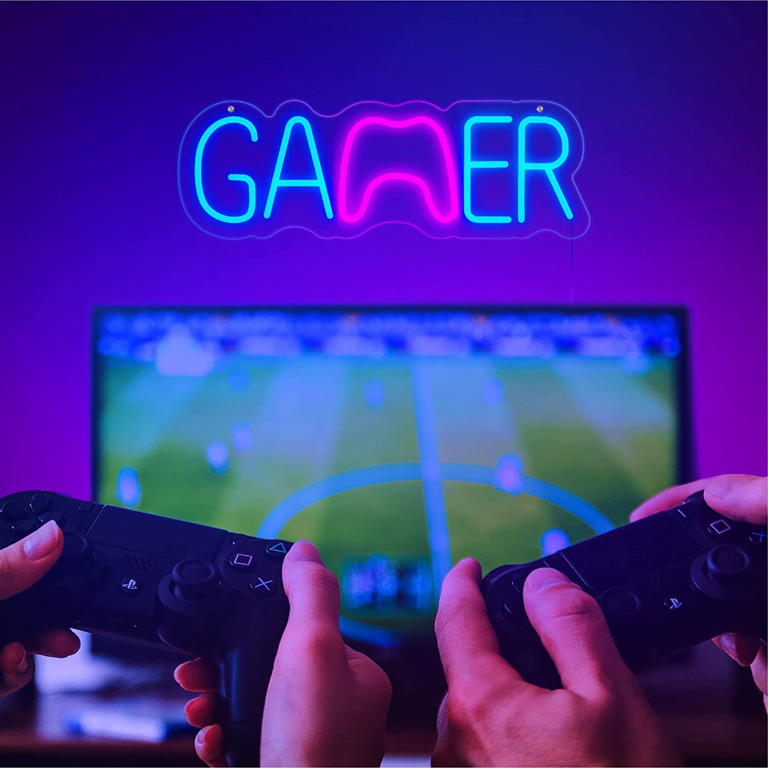 Bright shops Blue “Let’s Play” LED Night Light Gamer Game Room Wall Sign