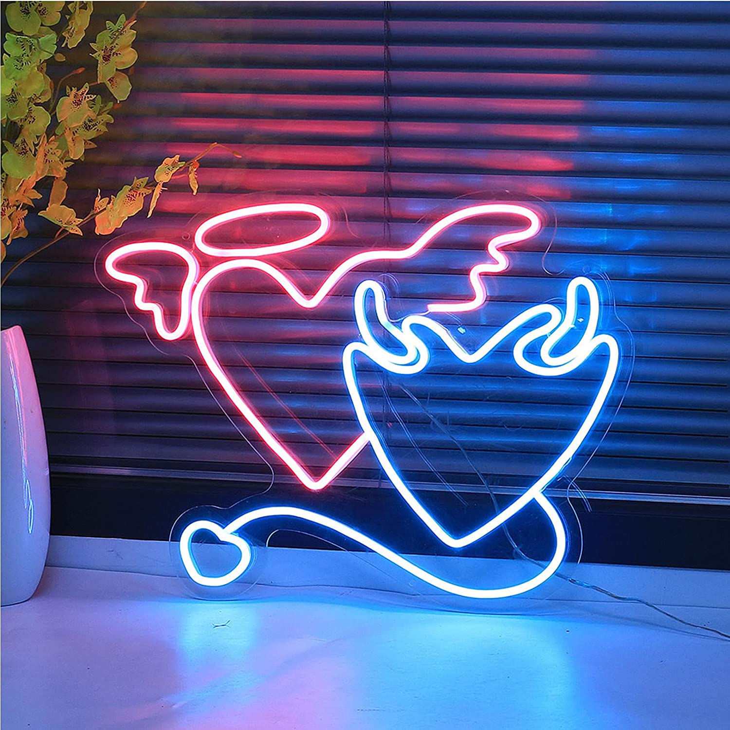 NEONIP-Insegna luminosa al neon a LED con cuori di angelo e diavolo fatta a mano al 100%.